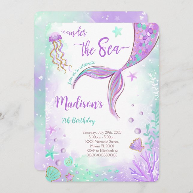Invitation Carton d'invitation d'anniversaire Sirène Violette (Devant / Derrière)
