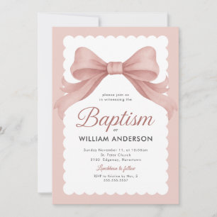 Invitation Carton d'invitation de baptême rose avec un nœud é