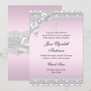 Invitation Carton d'invitation de baptême rose en dentelle de