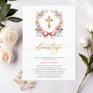 Invitation Carton d'invitation de baptême rose et or espagnol
