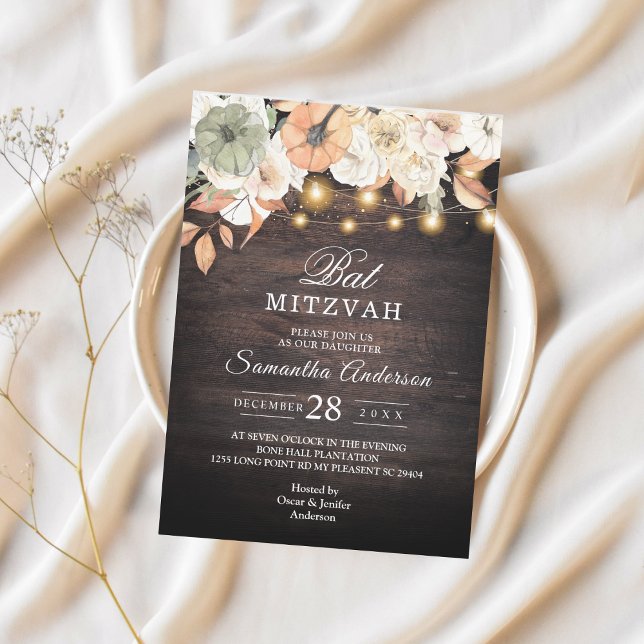 Invitation Carton d'invitation de Bat Mitzvah Fleurs Rustique (Créateur téléchargé)