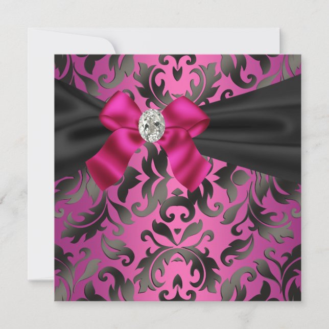 Invitation Carton d'invitation de fête en damas noir et rose  (Devant)