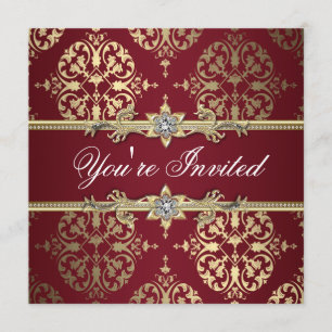 Invitation Carton d'invitation de fête en damas rouge rubis g