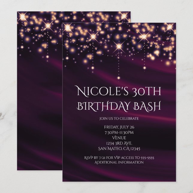 Invitation Carton d'invitation de fête glamour en soie violet (Devant / Derrière)