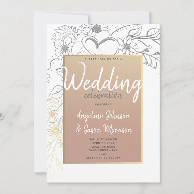 Invitation Carton d'invitation de mariage à cadre floral or r (Devant)