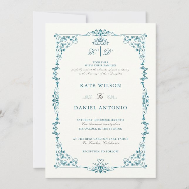 Invitation Carton d'invitation de mariage à cadre floral turq (Devant)