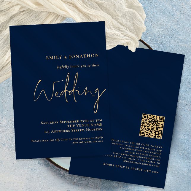 Invitation Carton d'invitation de mariage à code QR Navy Or é (Créateur téléchargé)