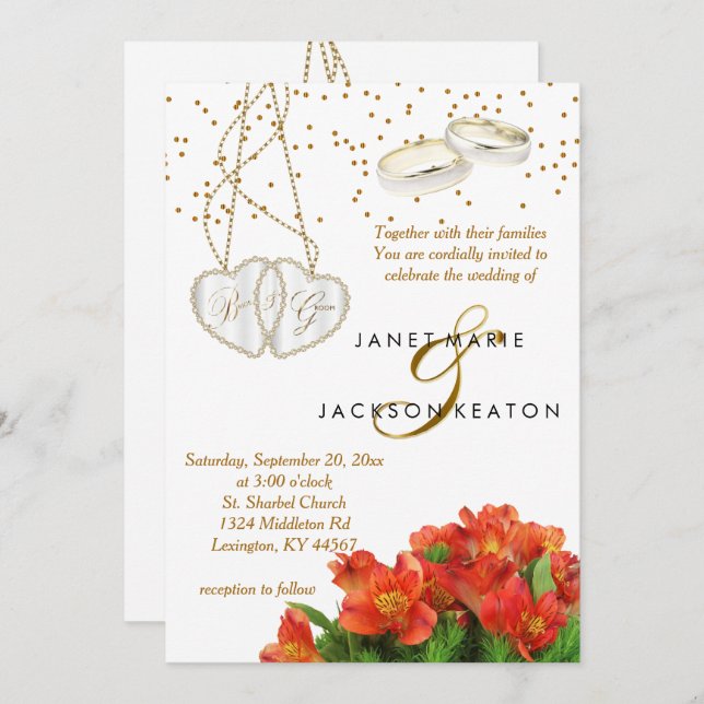 Invitation Carton d'invitation de mariage à fleurs orange vif (Devant / Derrière)