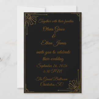 Invitation Carton d'invitation de mariage Art Déco noir et or