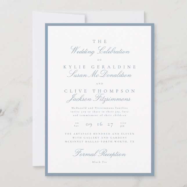 Invitation Carton d'invitation de mariage bleu poussiéreux fo (Devant)