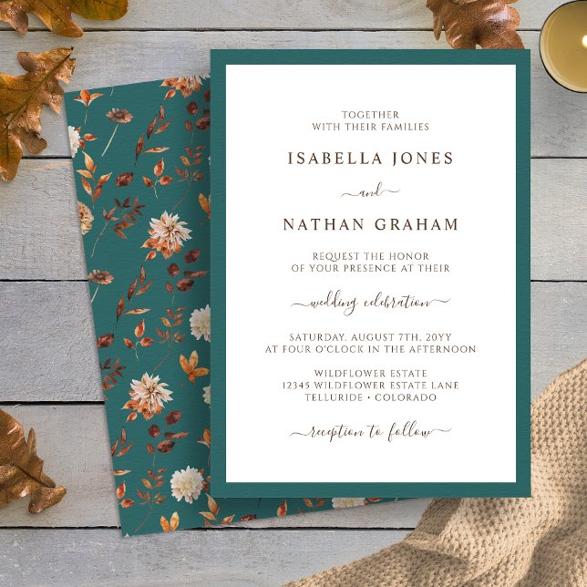 Invitation Carton d'invitation de mariage élégant sarcelle au (Elegant Teal Simple Autumn Leaves Wedding Invitation by Painted Paperie
)