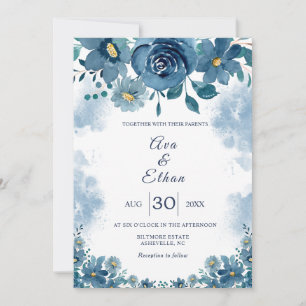 Invitation Carton d'invitation de mariage floral à fumée bleu