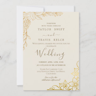 Invitation Carton d'invitation de mariage floral doré crème e