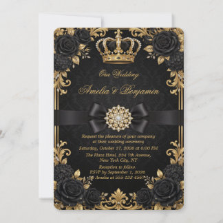Invitation Carton d'invitation de mariage floral noir et or d