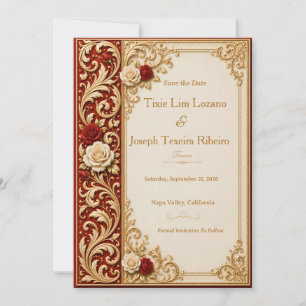 Invitation Carton d'invitation de mariage floral rouge et or