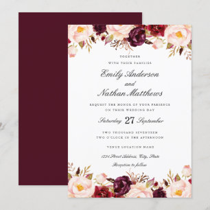 Invitation Carton d'invitation de mariage floral rouge Marsal