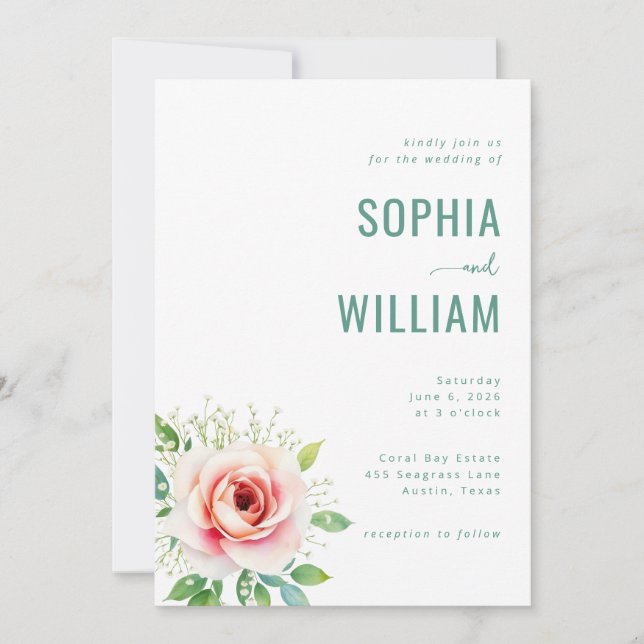 Invitation Carton d'invitation de mariage floral sarcelle élé (Devant)