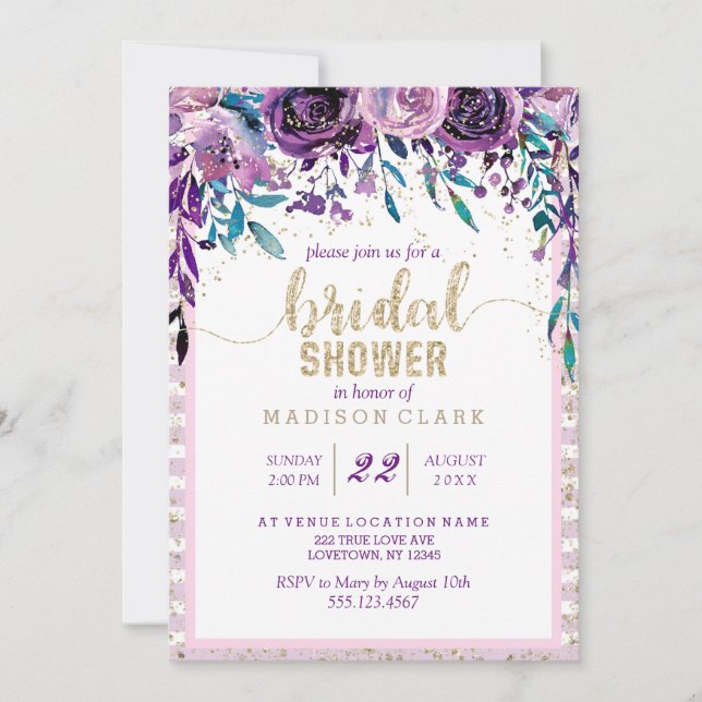 Invitation Carton d'invitation de mariage floral violet champ (Devant)