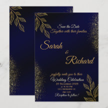 Carton d'invitation de mariage luxe bleu marine or