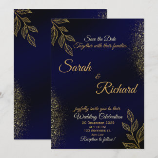 Invitation Carton d'invitation de mariage luxe bleu marine or