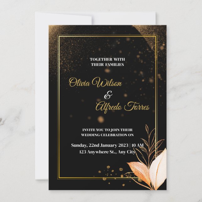 Invitation carton d'invitation de mariage noir avec des coule (Devant)