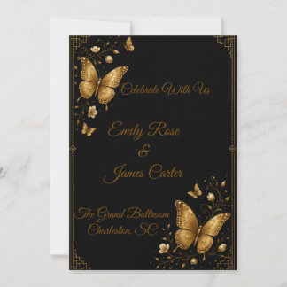 Invitation Carton d'invitation de mariage papillon en or noir