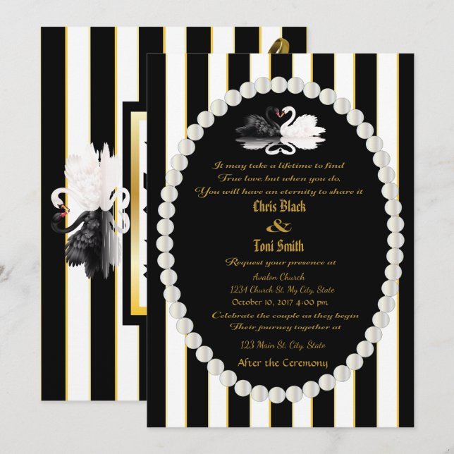 Invitation Carton d'invitation de mariage rayé noir Perles &  (Devant / Derrière)