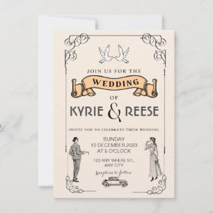 Invitation Carton d'invitation de mariage rétro noir et blanc