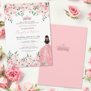 Invitation Carton d'invitation de Quinceañera à fleurs rose s