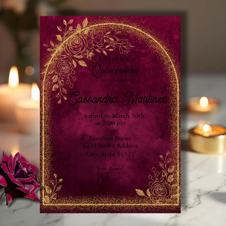 Invitation Carton d'invitation de Quinceanera floral bordeaux