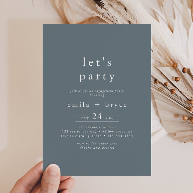 Invitation Carton d'invitation EMELIA bleu foncé simple boho  (EMELIA Dark Blue Simple Boho Vintage Let's Party Invitation)