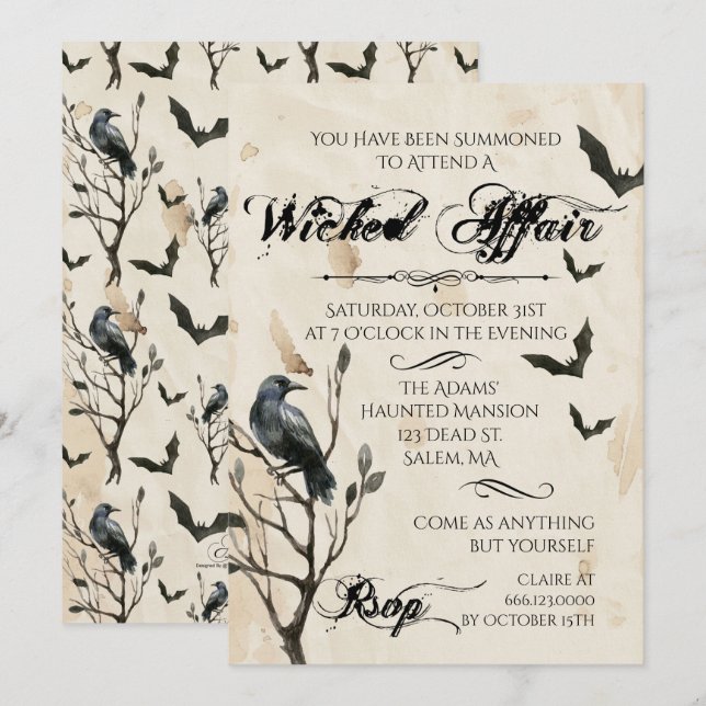 Invitation Carton d'invitation Halloween corbeau et chauves-s (Devant / Derrière)
