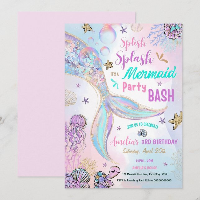 Invitation Carton d'invitation modifiable de fête de sirène s (Devant / Derrière)
