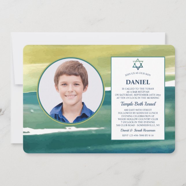 Invitation Carton d'invitation photo aux coups de pinceau aqu (Devant)