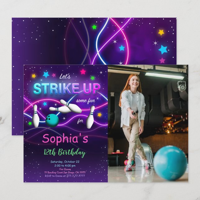 Invitation Carton d'invitation photo Bowling modifiable (Devant / Derrière)