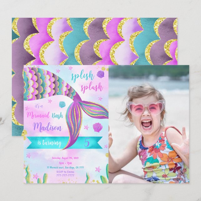 Invitation Carton d'invitation photo d'anniversaire de sirène (Devant / Derrière)