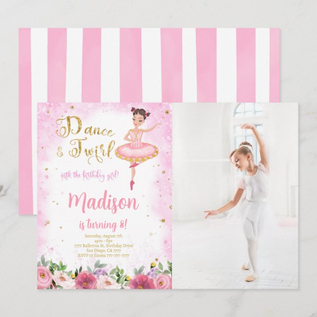 Invitation Carton d'invitation photo de ballerine rose et or  (Devant / Derrière)