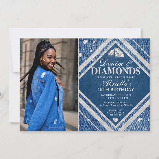 Invitation Carton d'invitation photo élégant en denim et diam (Devant)