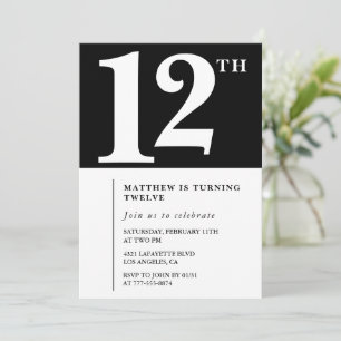 Invitation Carton d'invitation pour 12 ans chic noir et blanc