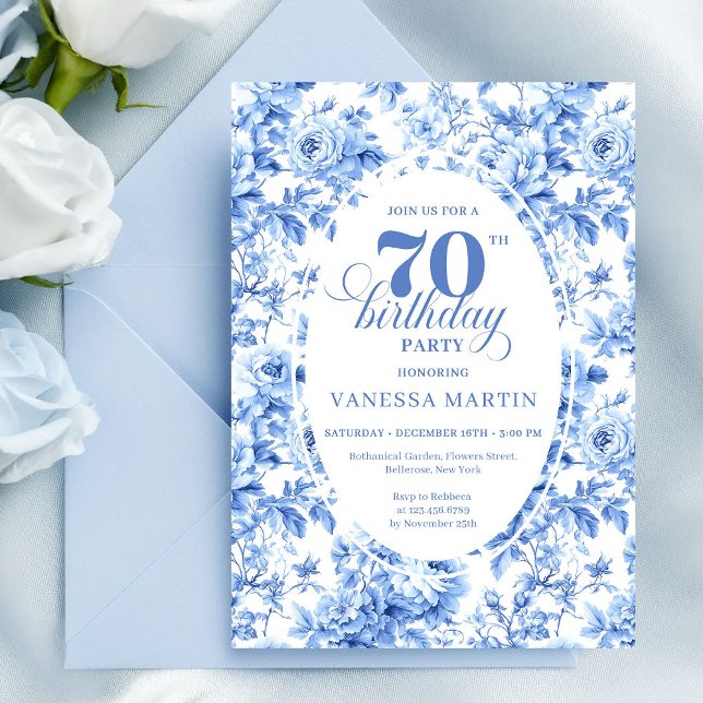 Invitation Carton d'invitation pour 70ème anniversaire à fleu (Dusty Blue Floral 70th Birthday Invitation)