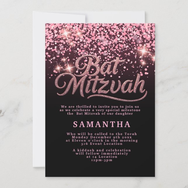 Invitation Carton d'invitation pour Bat Mitzvah Rose et Noir (Devant)
