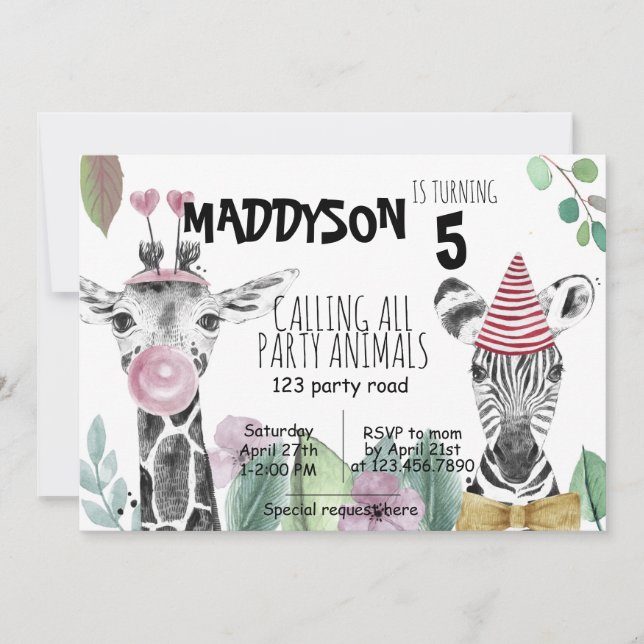 Invitation CARTON D'INVITATION POUR ENFANTS|Animaux de la fêt (Devant)