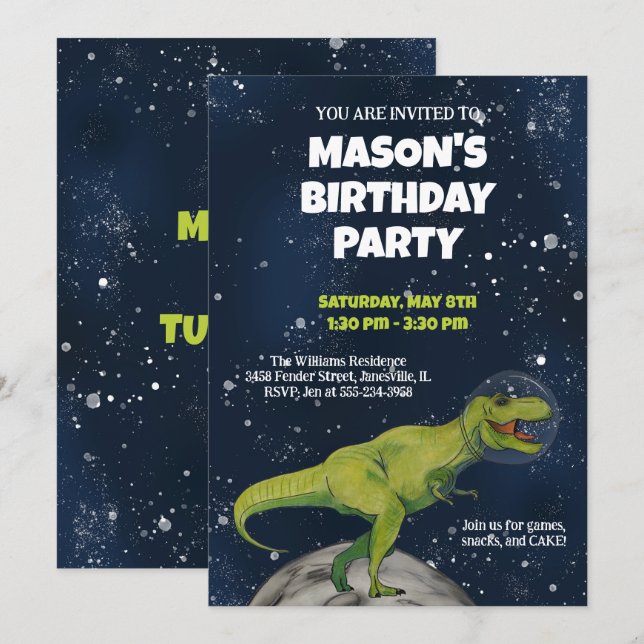 Invitation Carton d'invitation pour l'anniversaire du T-rex d (Devant / Derrière)