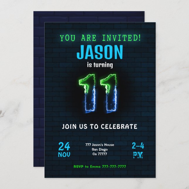 Invitation Carton d'invitation pour les 11 ans d'un garçon (Devant / Derrière)
