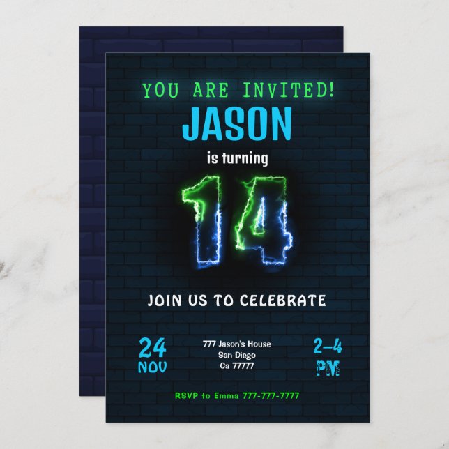 Invitation Carton d'invitation pour les 14 ans d'un garçon (Devant / Derrière)