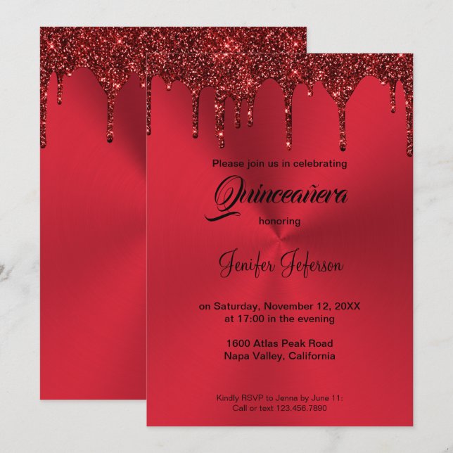 Invitation Carton d'invitation Quinceanera à paillettes rouge (Devant / Derrière)