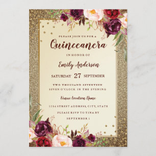 Invitation Carton d'invitation Quinceanera Burgundy floral Sp