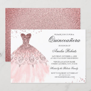 Invitation Carton d'invitation Quinceanera Robe Rose Gold Éti
