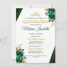 Carton d'invitation Quinceañera Vert Émeraude & Or