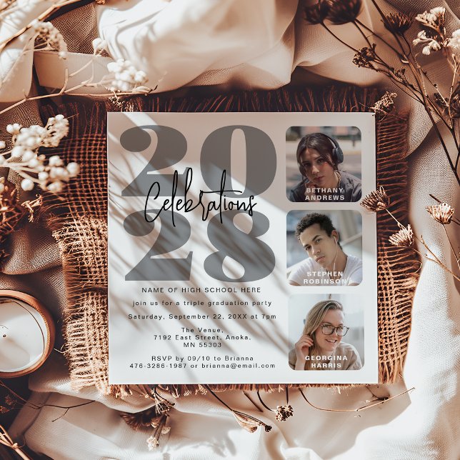 Invitation Carton d'invitation triple graduation photo gris (Créateur téléchargé)